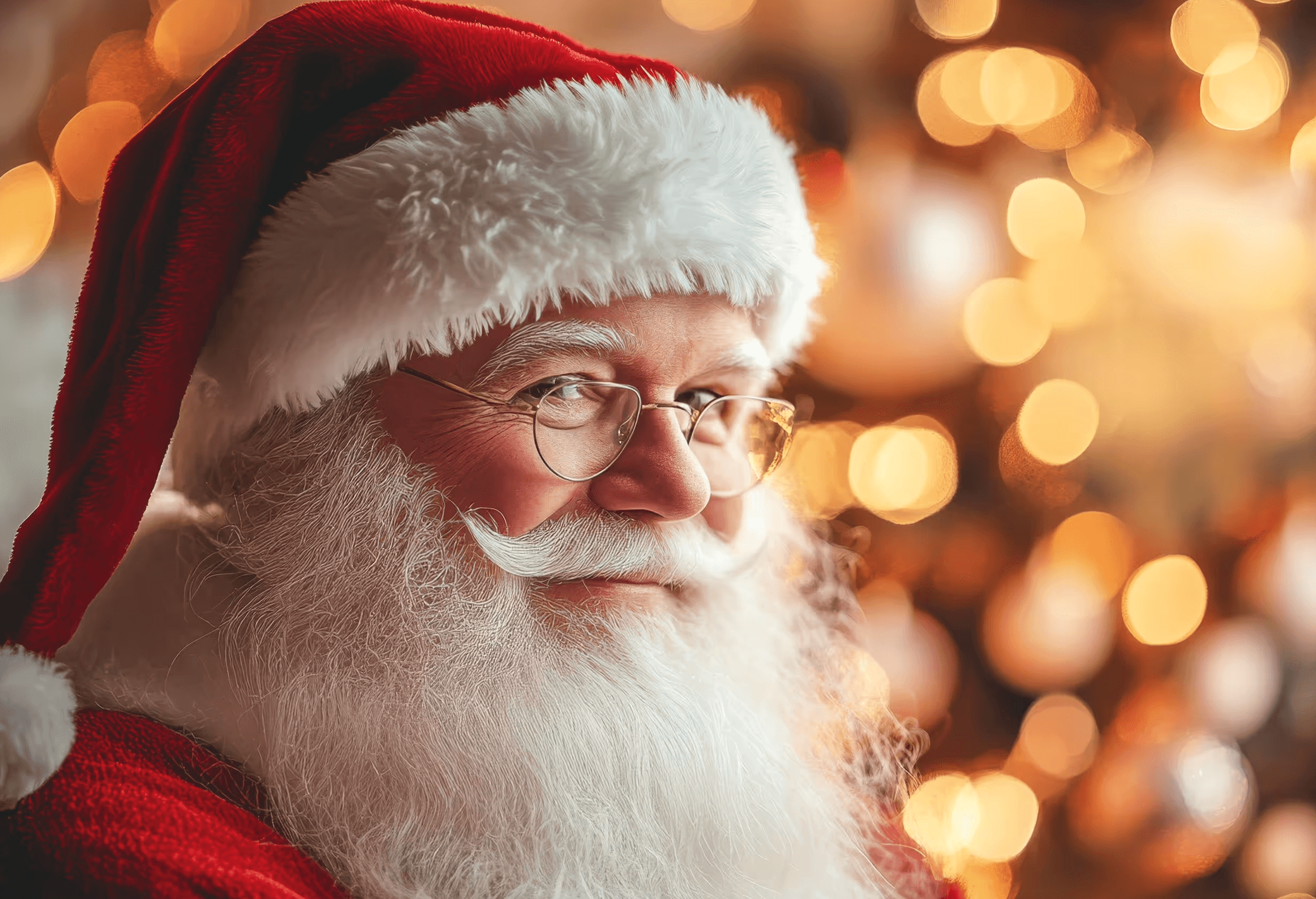 A photograph of a smiling Santa Clause, on a background of blurred twinkly lights